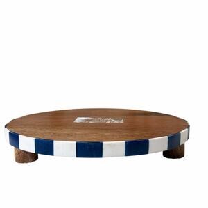 Blue & White Checkered Enameled Mango Wood Serving Tray 9in D Made In India NEW